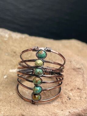 Handmade  Copper Coil Ring with Turquoise Gemstones Artisan Designed